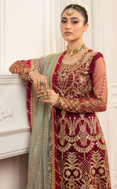 Aura By Mushq Embroidered Net 4 Piece Unstitched Suit MQ24HA D-06 SCARLET